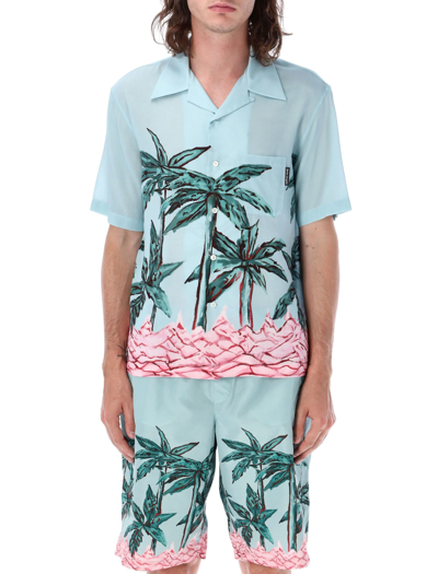 Shop Palm Angels Palm Raw Bowling Shirt In Light Blu