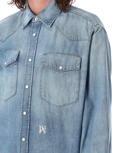 Shop Palm Angels Pa Monogram Denim Shirt In Light Blue