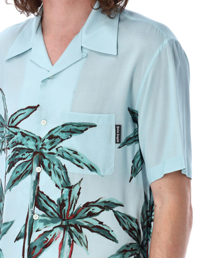 Shop Palm Angels Palm Raw Bowling Shirt In Light Blu