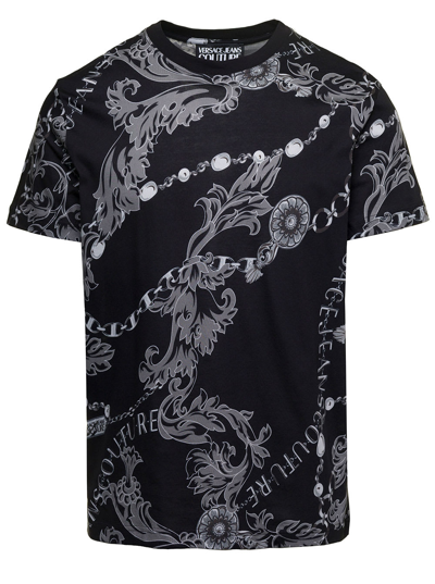 Shop Versace Jeans Couture Crewneck T-shirt With All-over Baroque Print In Black And Grey Cotton Man