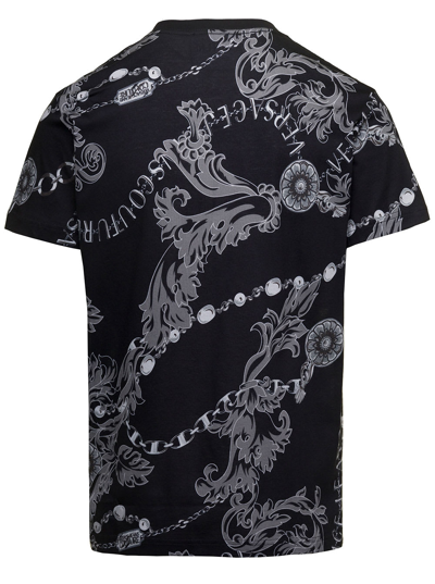 Shop Versace Jeans Couture Crewneck T-shirt With All-over Baroque Print In Black And Grey Cotton Man