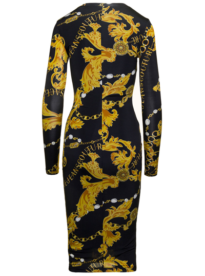 Shop Versace Jeans Couture Couture Midi Dress With All-over Baroque Print In Black Viscose Woman