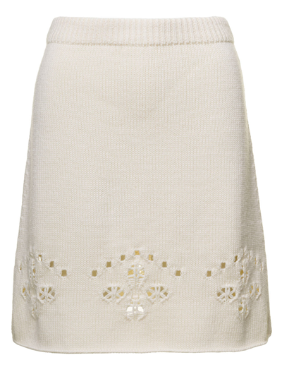 Shop Chloé White A-line Knit Mini-skirt With Perforated Motifs In Wool Woman