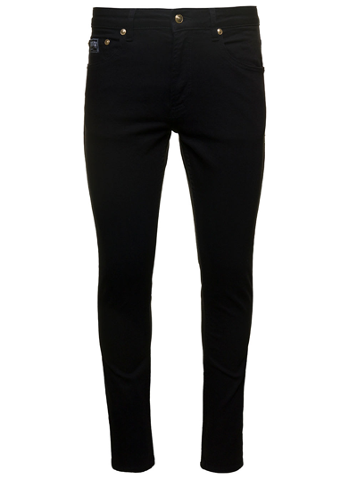 Shop Versace Jeans Couture Black Skinny Jeans With Logo In Cotton Denim Man