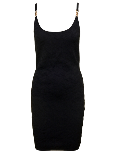 Shop Versace Black Knitted Dress With La Greca Motif All-over In Viscose Woman