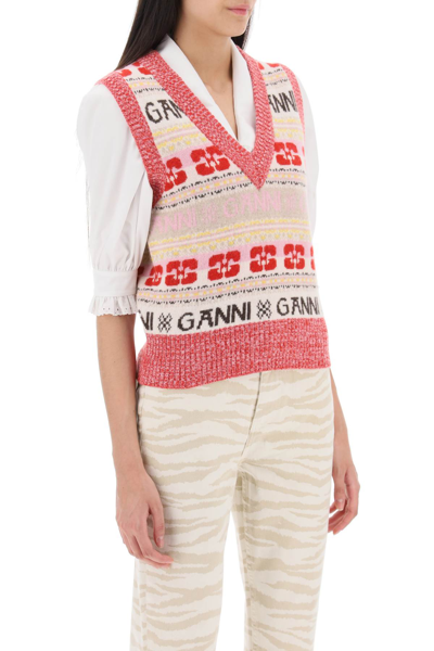 Shop Ganni Vest In Jacquard Knit With Graphic Logo Motif In Multicolour (pink)