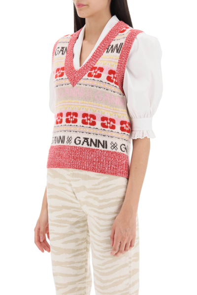 Shop Ganni Vest In Jacquard Knit With Graphic Logo Motif In Multicolour (pink)