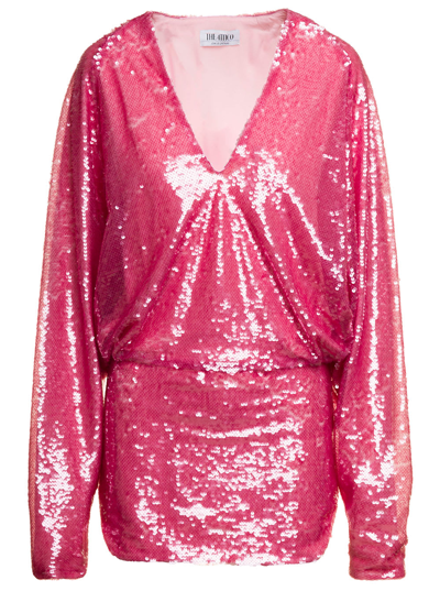 Shop Attico Gael Mini Pink Dress With Long Sleeves And All-over Paillettes Embroidery In Fabric Woman