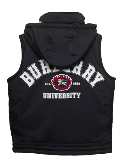 Shop Burberry Black Quilted Hooded Vest With College-style Logo Print In Nylon Boy