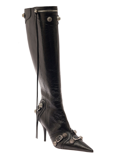 Shop Balenciaga Cagole White Pointed High-boots With Studs And Buckles In Leather Woman In Black