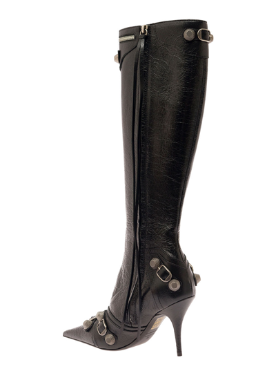 Shop Balenciaga Cagole White Pointed High-boots With Studs And Buckles In Leather Woman In Black