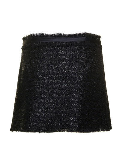 Shop Versace Black Mini Lurex Skirt With Silver-tone Hardware In Wool Blend Woman