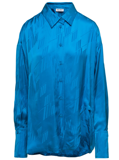 Shop Attico Diana Light Blue Shirt With All-over Logo Print And Asymmetric Hem In Viscose Woman
