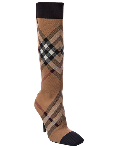 Shop Burberry Check Knit Sock Boot In Brown