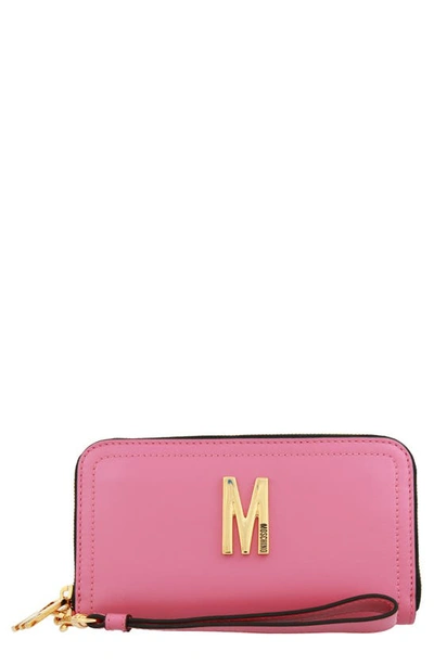 Shop Moschino Logo Leather Zip Wallet In Light Pink