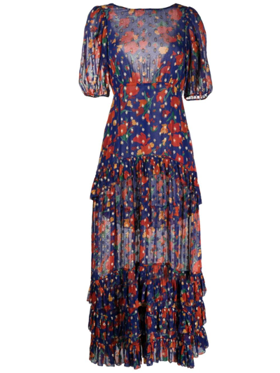 Shop Rixo London Shireen Floral-print Midi Dress In Blue