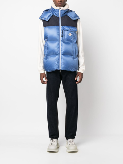 Shop Moncler Feather-down Hooded Gilet In Blue