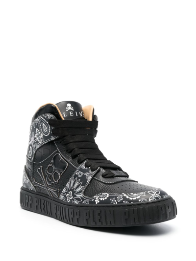 Shop Philipp Plein Paisley-print High-top Leather Sneakers In Black