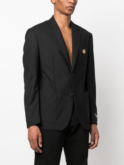 Versace Black Single-breasted Blazer With Logo Plaque In Black
