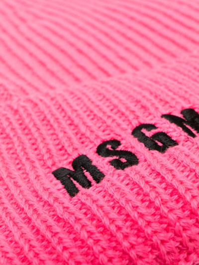 Shop Msgm Logo-embroidered Ribbed-knit Beanie In Pink