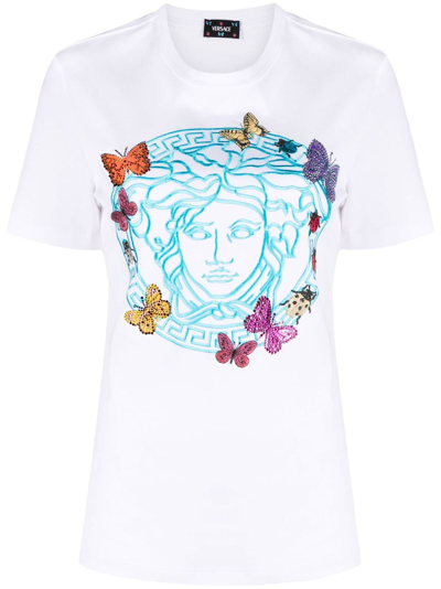Shop Versace Medusa Head-embroidery Cotton T-shirt In White