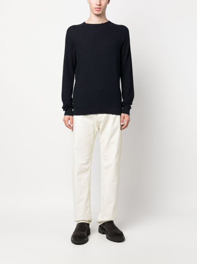 Giorgio Armani Cashmere Blend Crew Neck Sweater With Textured Pattern In Blue