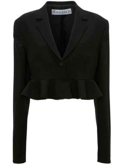 Shop Jw Anderson Ruffled-trim Cropped Blazer In Black