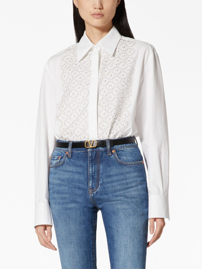 Shop Valentino Embroidered Cotton Long-sleeve Shirt In White