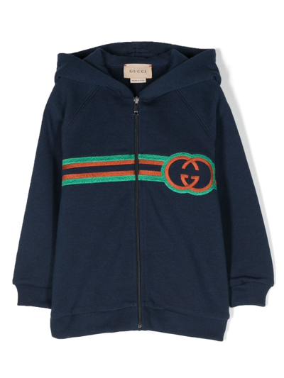 Shop Gucci Logo-embroidered Zipped Hoodie In Blue