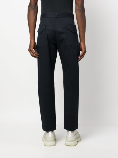 Shop Moncler Logo-patch Twill Tapered-leg Trousers In Blue