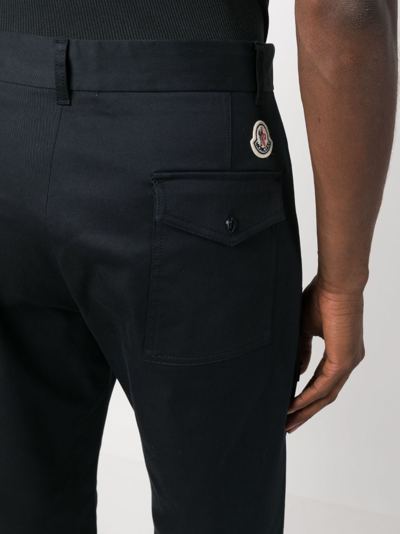 Shop Moncler Logo-patch Twill Tapered-leg Trousers In Blue