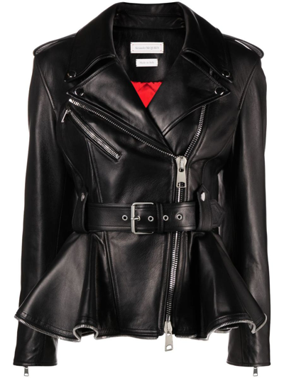 Shop Alexander Mcqueen Peplum Leather Biker Jacket In Black