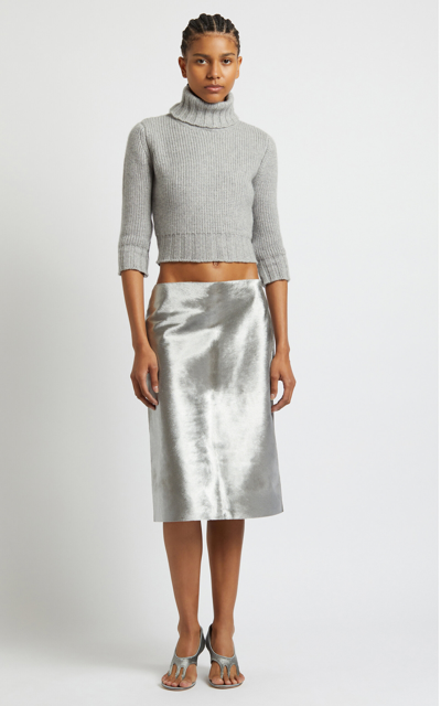 Shop Christopher Esber Metallic Leather Midi Skirt In Silver