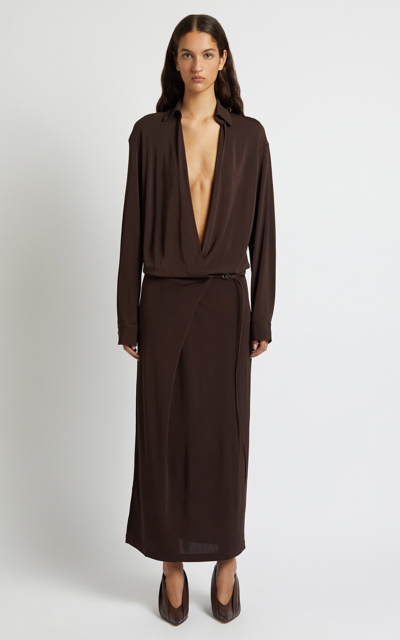 Shop Christopher Esber Buckle-detailed Draped Midi Dress In Brown