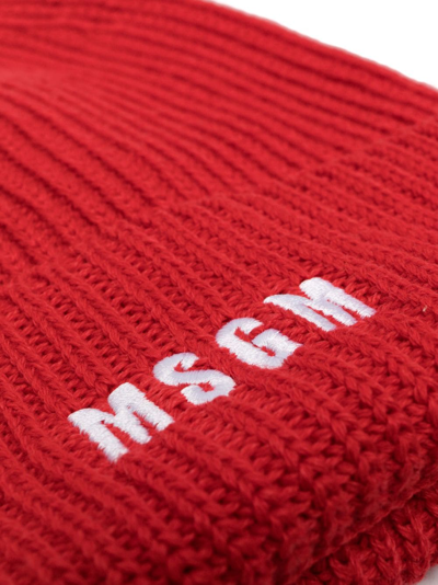 Msgm Logo-embroidered Knitted Beanie In Red