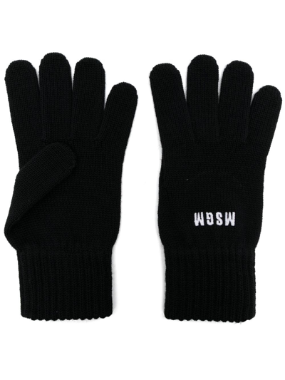 Shop Msgm Logo-embroidered Knitted Gloves In Black