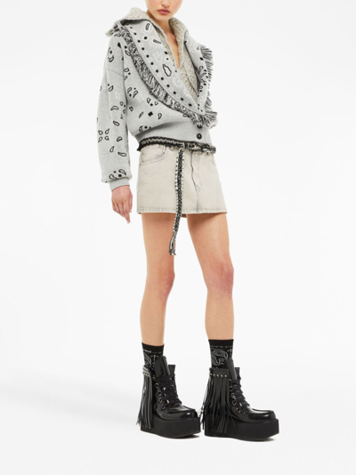 Shop Alanui Bandana Jacquard Fringed Cardi-bomber In Grey