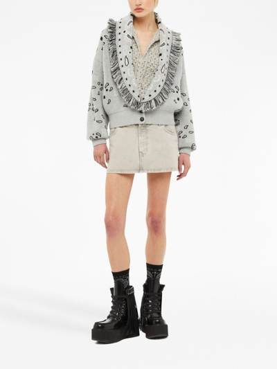 Shop Alanui Bandana Jacquard Fringed Cardi-bomber In Grey