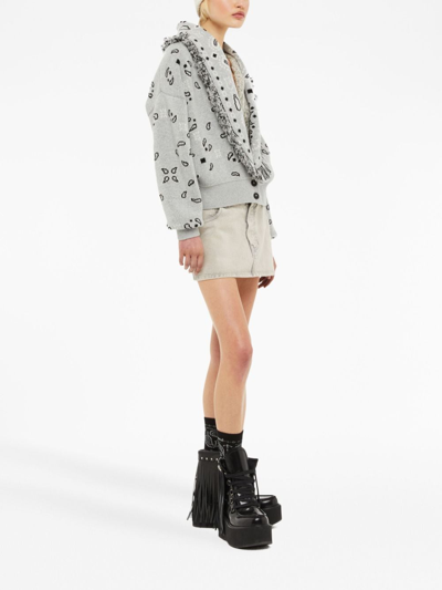 Shop Alanui Bandana Jacquard Fringed Cardi-bomber In Grey