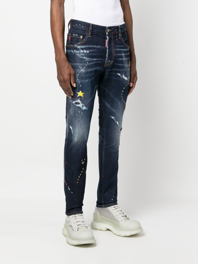 Shop Dsquared2 Illustrated Distressed Skinny Jeans In Blue