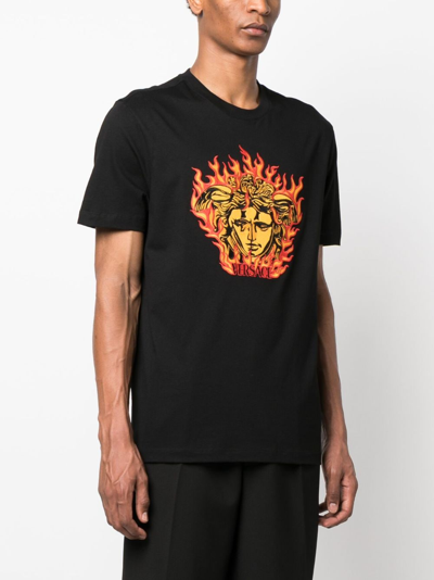 Shop Versace Medusa Flame Cotton T-shirt In Black