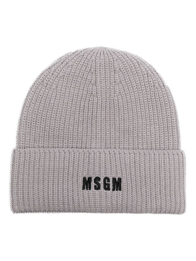 Shop Msgm Logo-embroidered Ribbed-knit Beanie In Grey