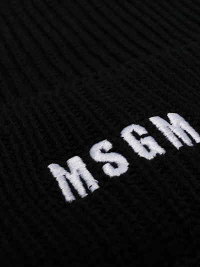 Shop Msgm Logo-embroidered Ribbed-knit Beanie In Black