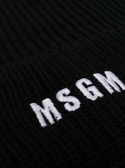 Msgm Logo-embroidered Ribbed-knit Beanie In Black