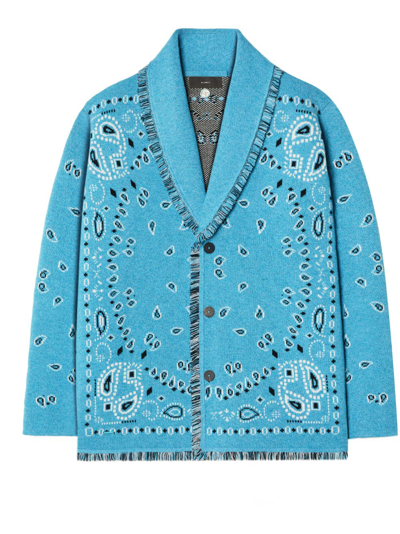 Shop Alanui Bandana Jacquard Fringed Cardigan In Blue