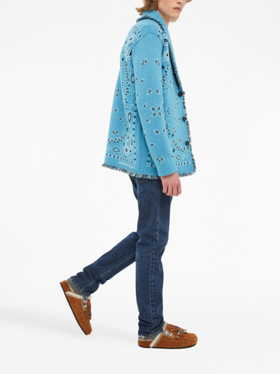 Shop Alanui Bandana Jacquard Fringed Cardigan In Blue