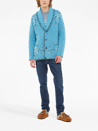 Shop Alanui Bandana Jacquard Fringed Cardigan In Blue