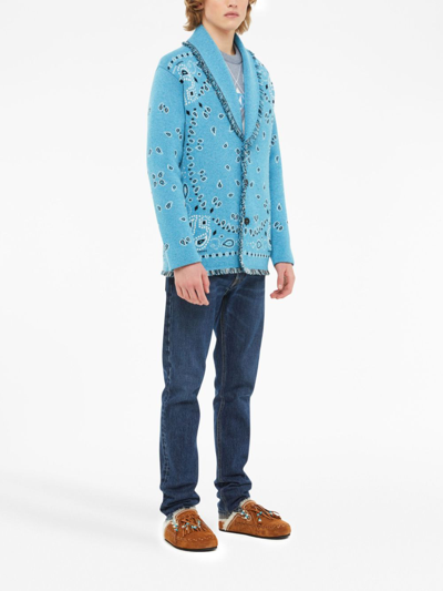 Shop Alanui Bandana Jacquard Fringed Cardigan In Blue