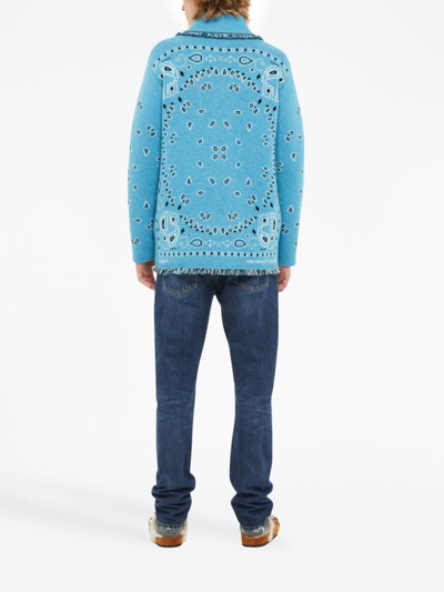 Shop Alanui Bandana Jacquard Fringed Cardigan In Blue