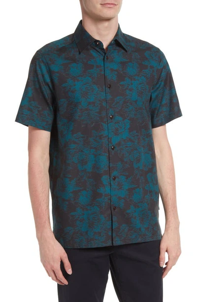 Shop Ted Baker Salsho Floral Cotton Short Sleeve Button-up Shirt In Black